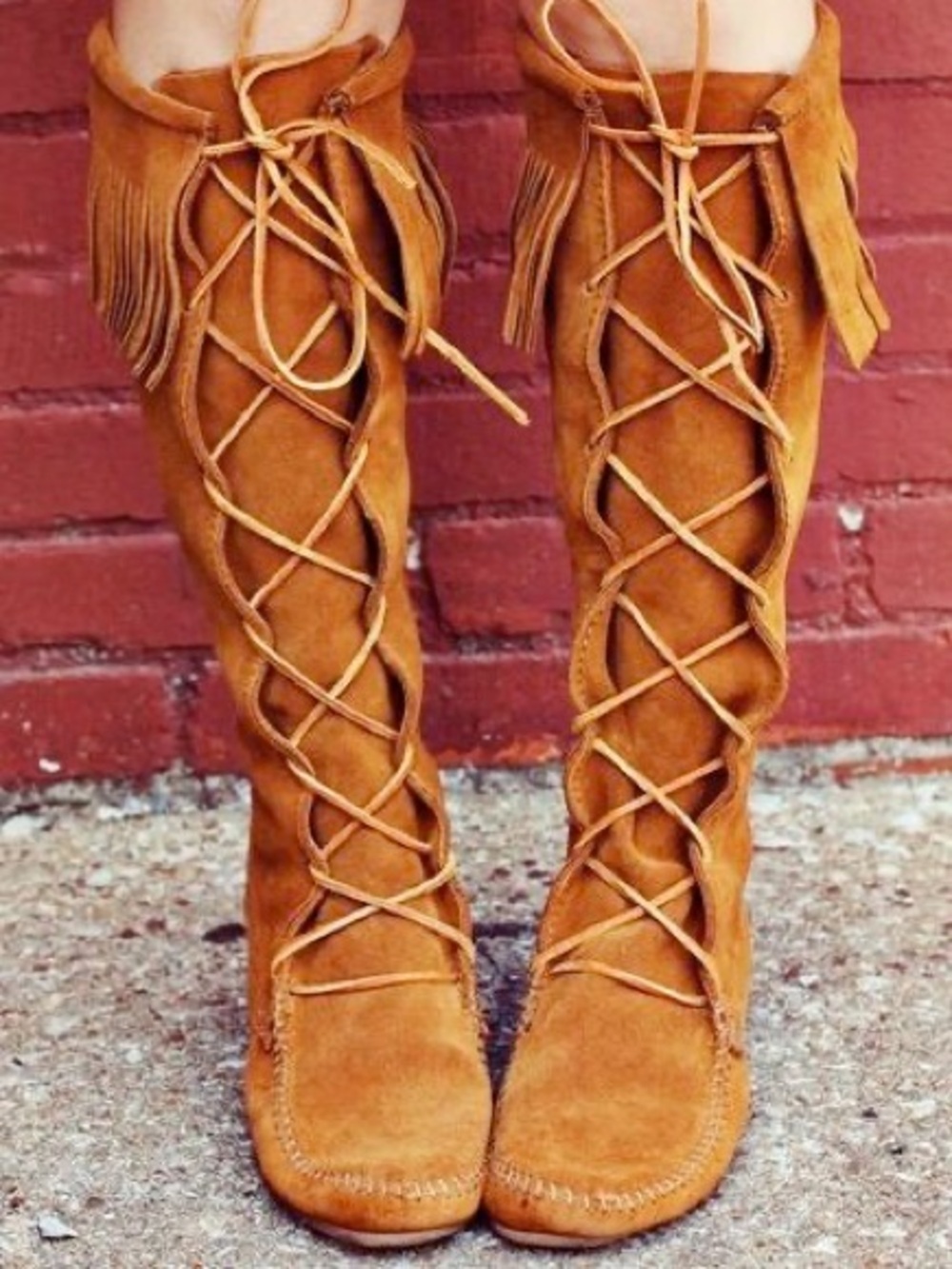 Minnetonka Moccasin Classic Fringe Lace-Up Suede Knee-High Boots - Brown Sz 4